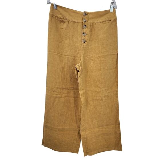 New NWT Lou & Grey 100% Linen Mustard Yellow Wide Leg Button Fly Pants Size 12 - Picture 1 of 8